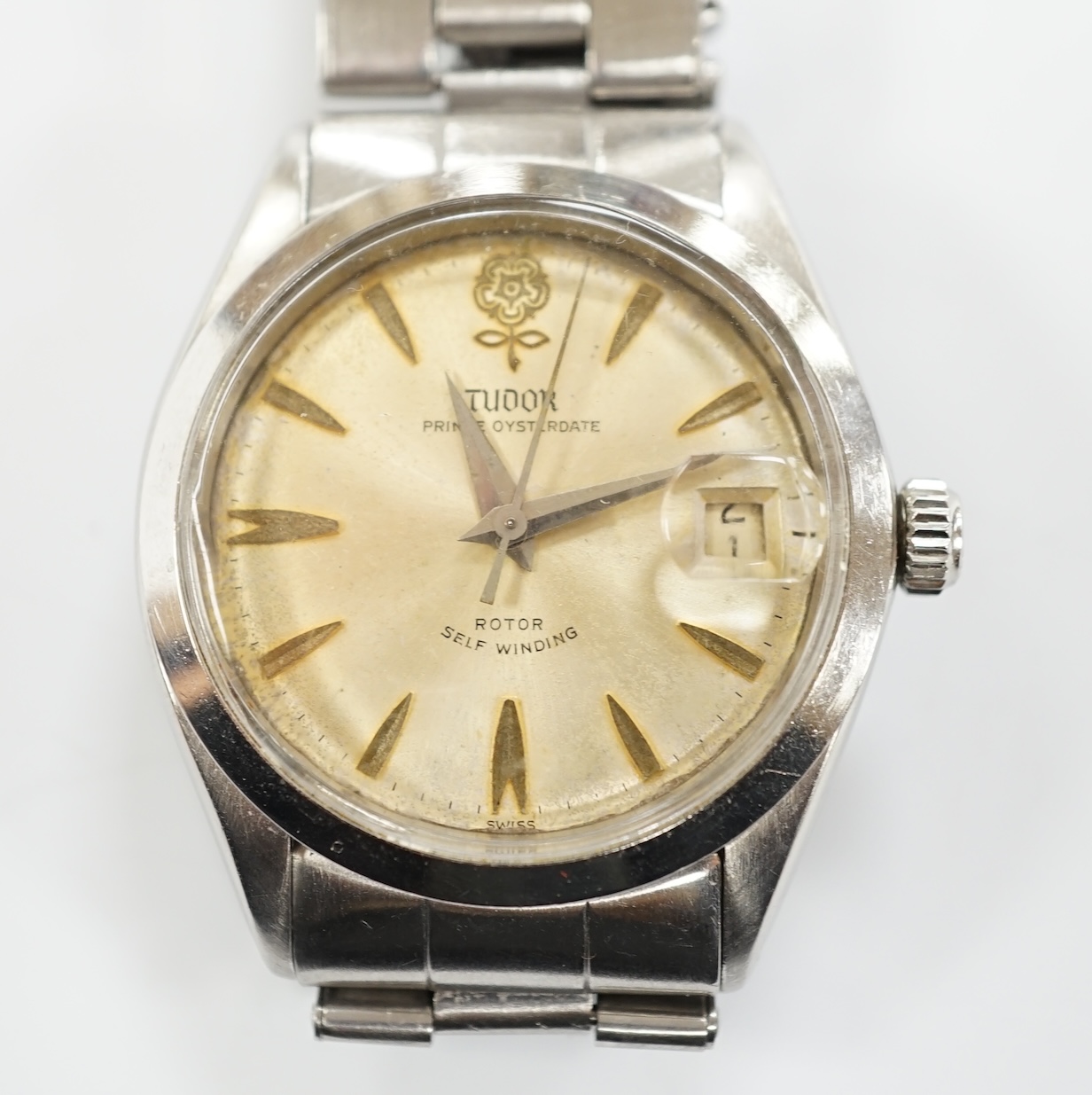 A gentleman's stainless steel Tudor Prince Oysterdate automatic wrist watch, on a stainless steel Rolex bracelet, case diameter 35mm.